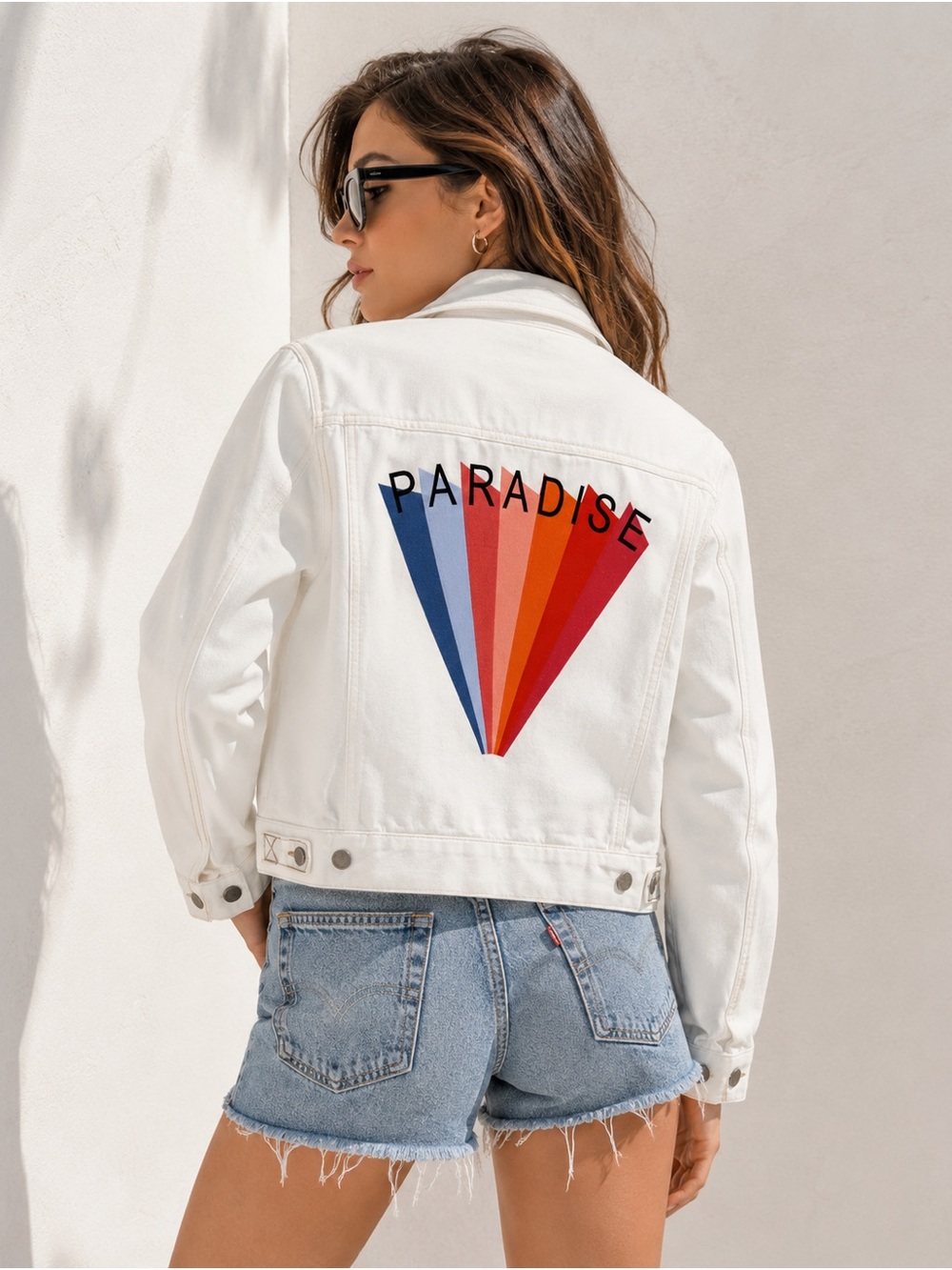 Maje Paris White Paradise Rainbow Embroidery Denim Trucker Jacket EU 38 Festival